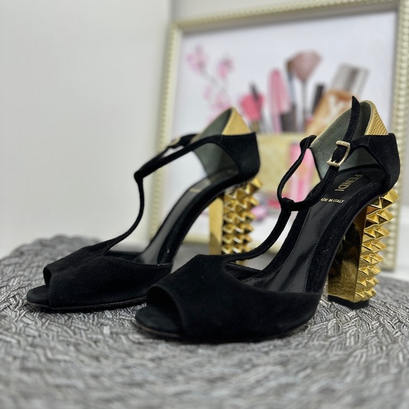 Fendi Black T-Strap Heels with Gold Studded Heel - Picture 7 of 12
